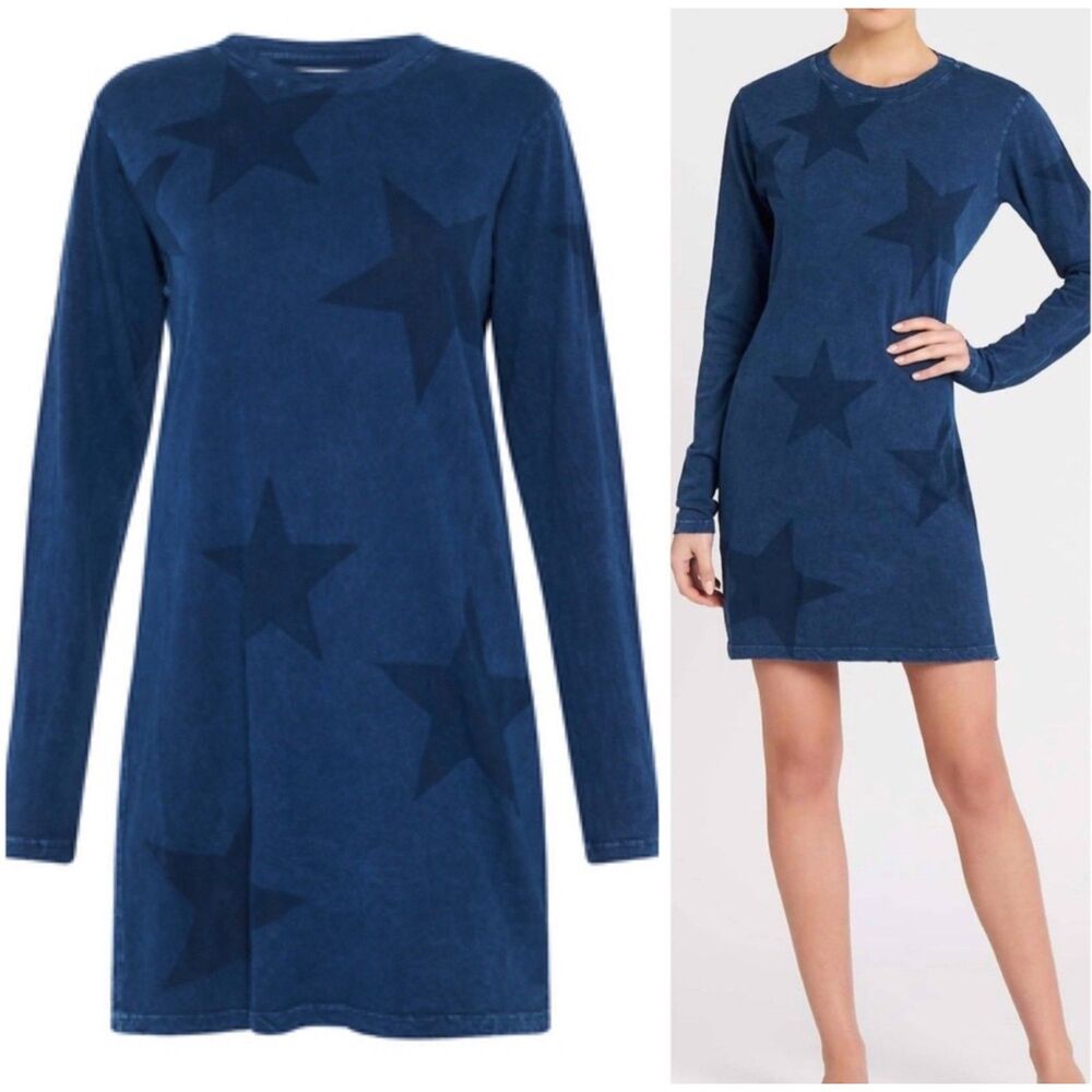 CURRENT ELLIOTT The Long Sleeve Beatnik Dress in Washed Blue Ground with Stars